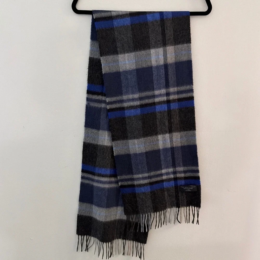 The Mens Store Bloomingdales Cashmere Scarf Plaid Navy Blue Grey Made in Germany